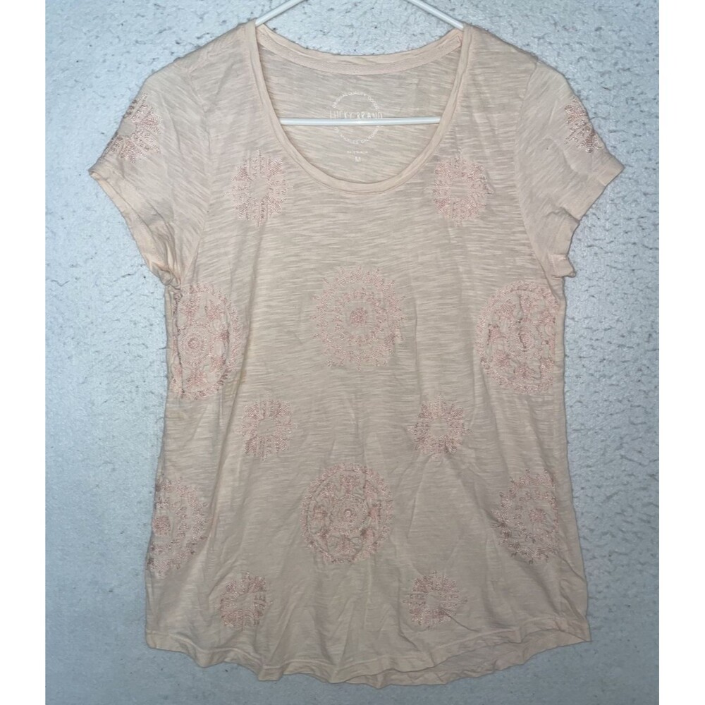 Lucky Brand Embroidered Medallion Tee Women's M Boho Festival Top Short Sleeve